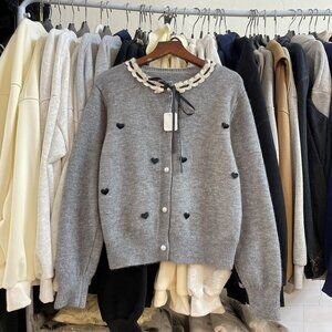 Gray Heart Embroidered Lace Collar Cardigan
